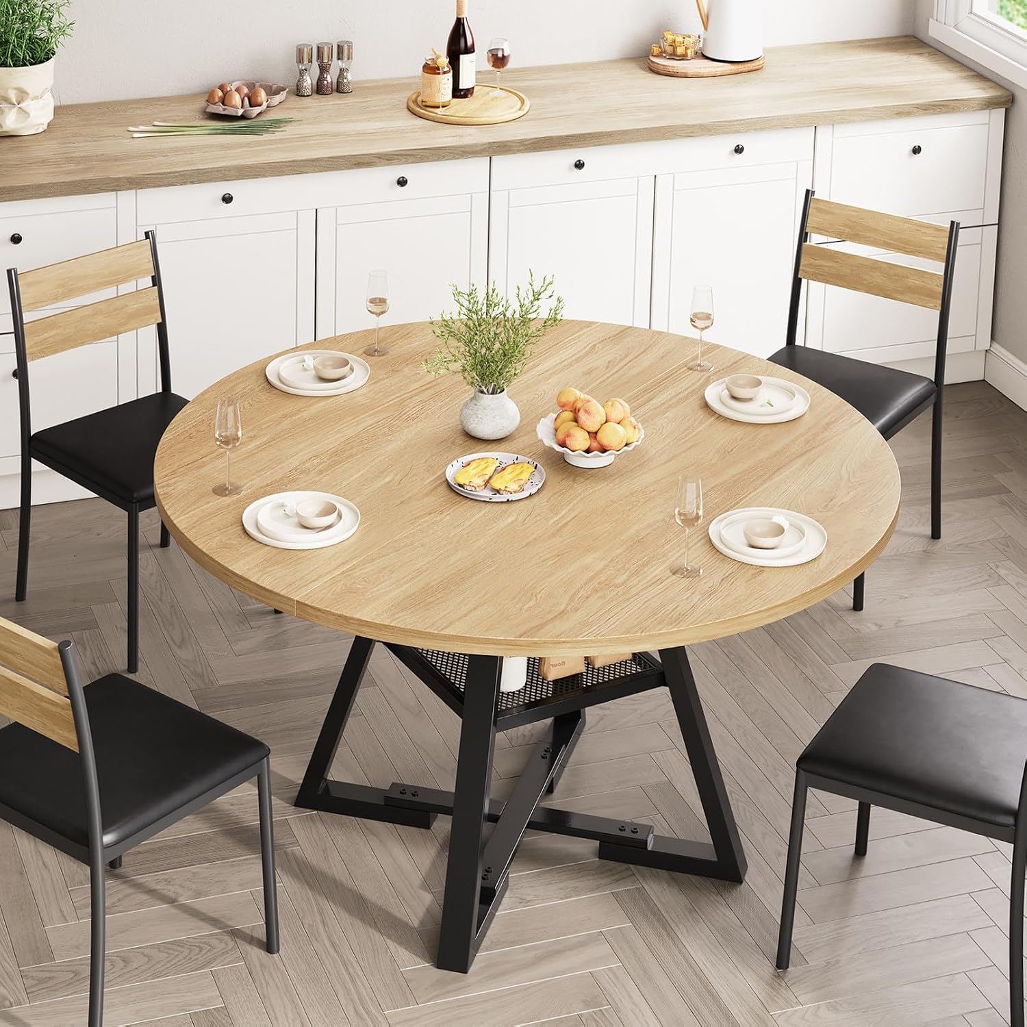 Jocoevol Round Dining Table,Kitchen Dining Room Circle Dinner Pedestal Table,Space Saving Wood Kitchen & Dining Room Furniture (Natual Wood, 42In)