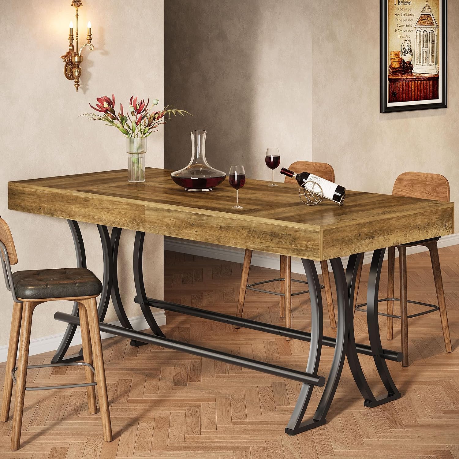 Tribesigns 63' Counter Height Bar Table with Metal Footrest, Rectangular Tall Kitchen Dining Pub Table, Industrial Home Bar Unit for Entertaining, Freestanding, Dark Brown