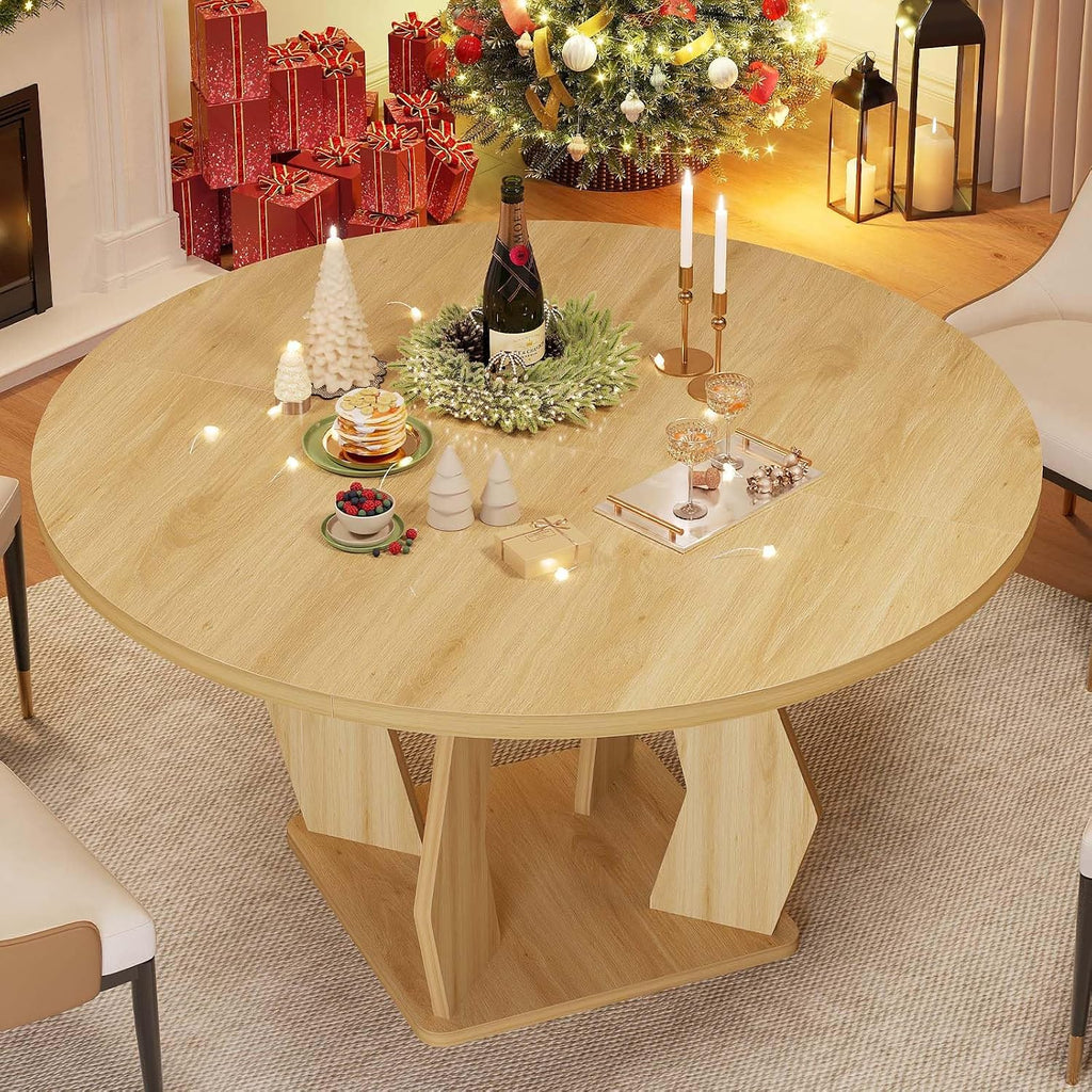 IBF Round Dining Table for 4-6 People,47 Inches Dining Room Table with Wooden Pedestal Base,Circle Dining Room Table for Kitchen,Office,Apartment,Living Room,Oak