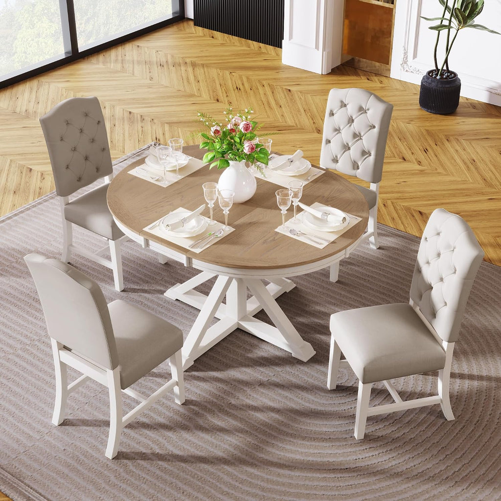 Bellemave Extendable Dining Table Set, 5-Piece Round Table Set with 4 Upholstered Chairs, Oval Kitchen Table Set with Extendable Table (Oak Natural Wood + Off White + Beige Cushions)
