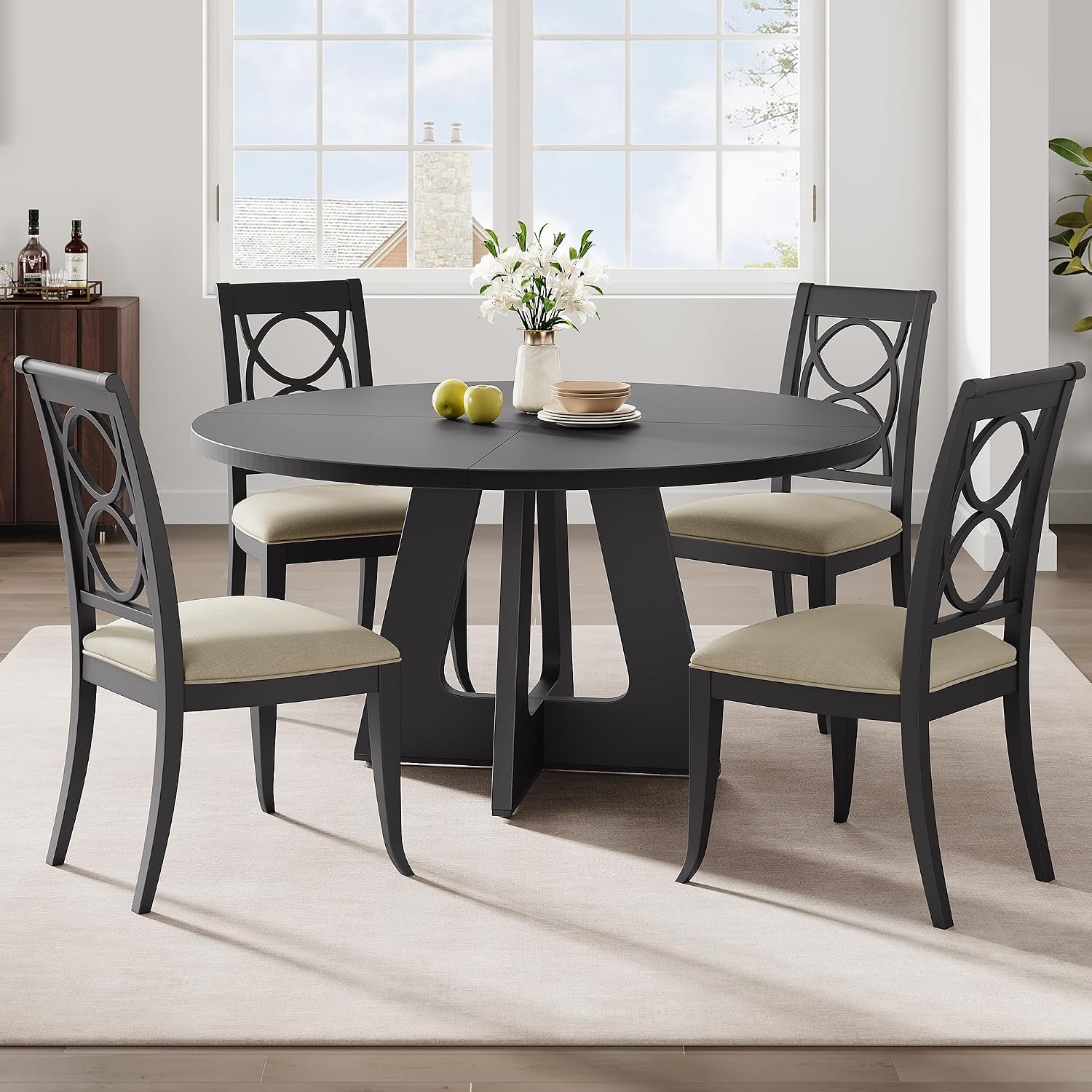 IDEALHOUSE 47' Round Dining Table Set for 4 to 6, Farmhouse Kitchen Table with Wooden Top and Pedestal Base, Circle Dinner Table for Dining Room, Kitchen Room - (No Chairs) (Black)