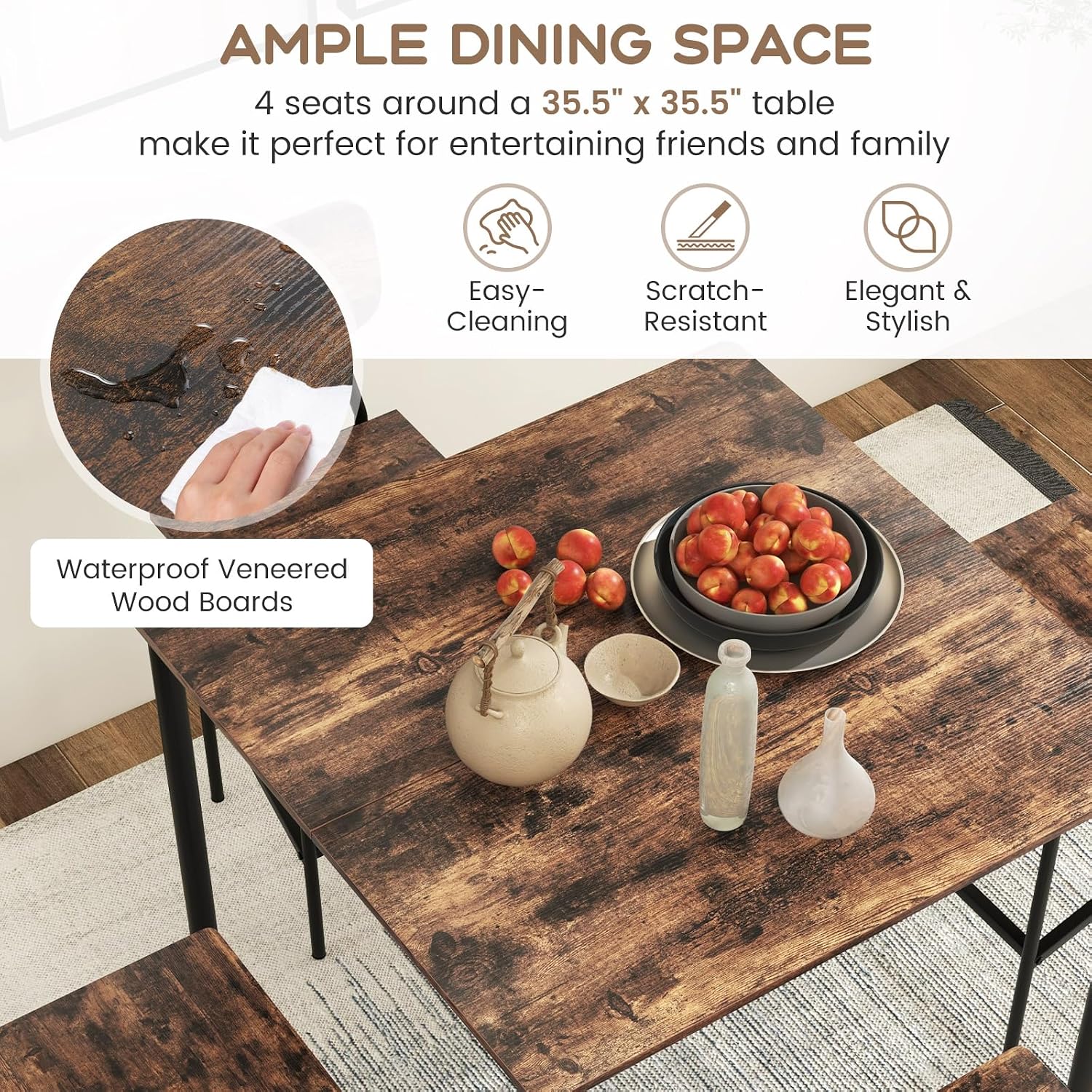 Giantex 5-Piece Dining Table Set W/Counter Height Table & 4 Bar Stools, Industrial Kitchen Dining Set W/Footrest & Backrest, Space-Saving Dinette Set for Pub, Dining Room, Restaurant (Mix Brown)