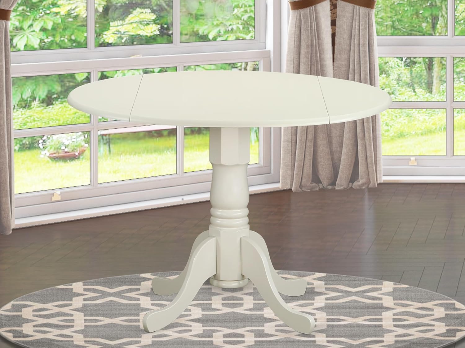 East West Furniture DLT-WHI-TP Dublin Modern Kitchen Table - a Round Dining Table Top with Dropleaf & Pedestal Base, 42x42 Inch, Linen White