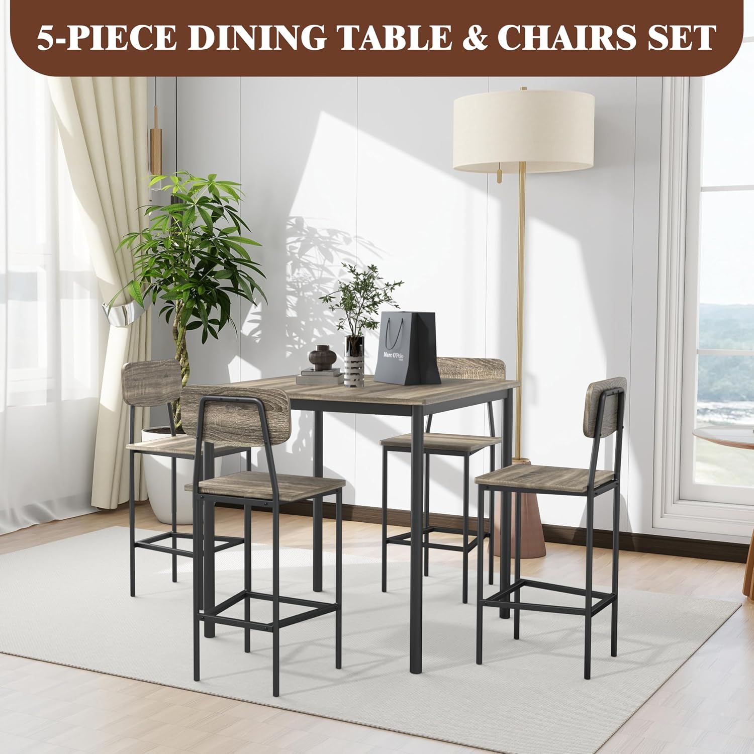 Kitchen Table and Chairs of 4, 5 Piece Dining Table Set, Sturdy Industrial Space Saving Dinette Set for Pub, Family Dinners, Apartment, Gray