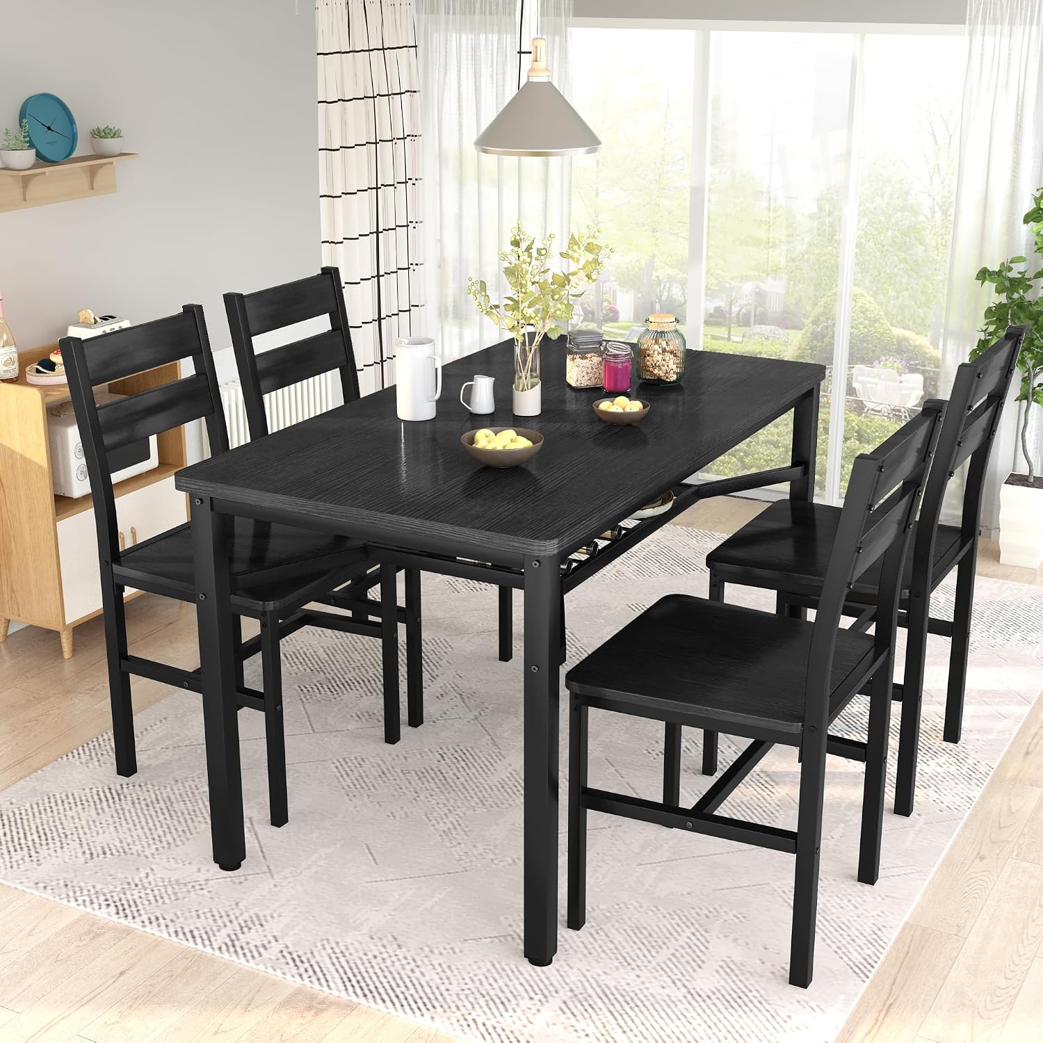 Hooseng Dining Table Set for 4, Wood Kitchen Table Chairs Set with Storage, Farmhouse 5 Piece Dining Room Table Set, Space-Saving Dinette Set for Breakfast Nook, Apartment (Black)