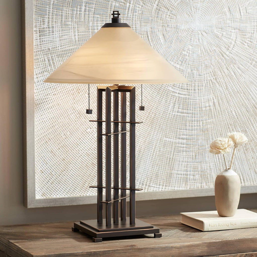 Franklin Iron Works Metro Collection 23 1/2' High Planes 'n' Posts Small Farmhouse Rustic Modern Accent Table Lamps Set of 2 Pull Chain Metal Amber Art Glass Shade Living Room Bedroom Bedside