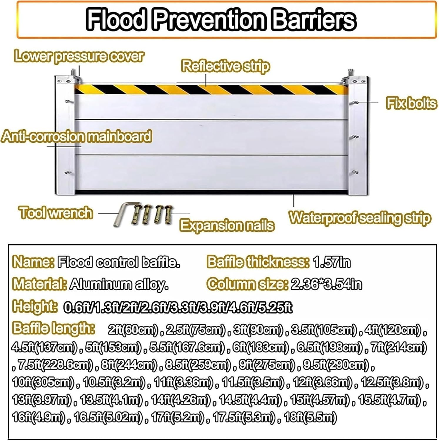 Garage Door Flood Barrier Threshold, Detachable Aluminum Shield Door Water Stopper Barrier for Basement Front Door Gates Sliding Door(H 1.3ft(40cm),5ft(153cm))