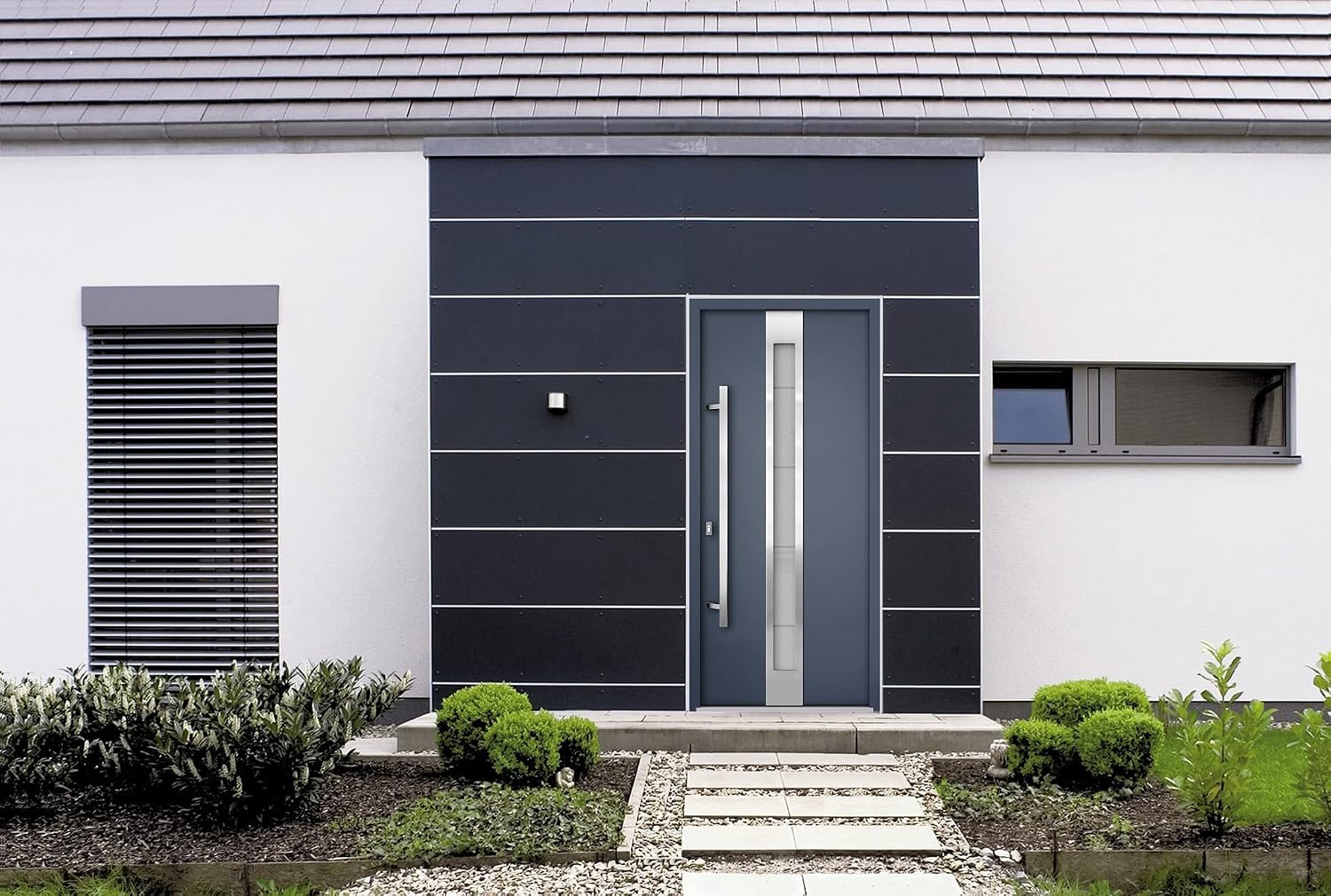 VDOMDOORS Modern Steel Front Exterior Door 36 x 80 inch | Prehung Insulated Security Entry Door with Frosted Glass Insert, Painted Gray Graphite, Right-Hand Inswing
