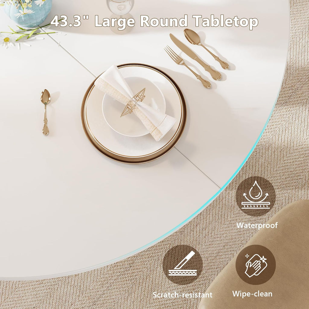 Einhomn 59' Extendable Round Dining Table for 6-8, Kitchen Table with Sturdy Double Arc Base & Backboard Clasp Desktop, Mid-Century Modern Dinner Table, Kitchen Dining Room, Space Saving, White