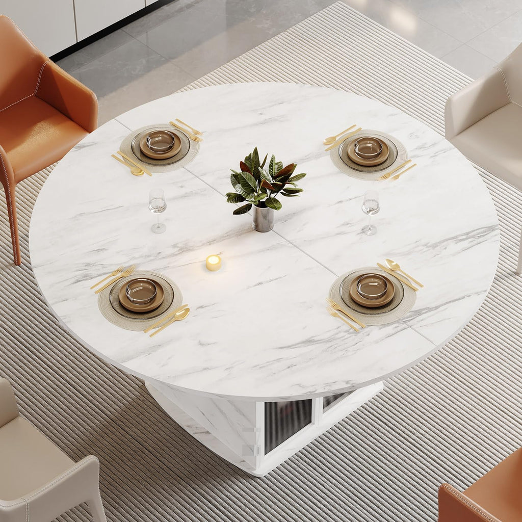 IBF 47' Round Dining Table with Storage, White Faux Marble Kitchen Tables for 4-6 People, Modern Dining Room Table with Fridge Space, Wood Circle Dinner Tables for Home, White Marble, Only Table