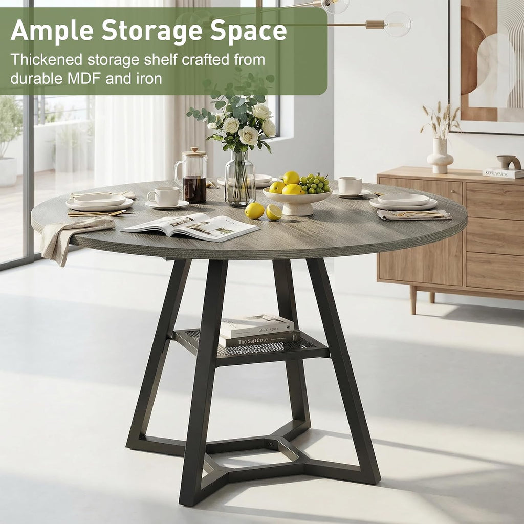 knoworld Round Dining Table for 4-6 with Storage Shelf, Kitchen & Dining Room Circle Pedestal Table,Heavy Duty Metal Frame & Wood Top