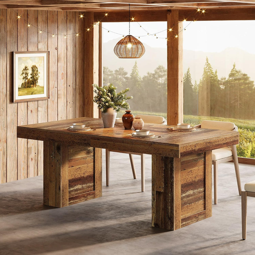 Tribesigns 63'' Farmhouse Dining Table for 6, Rectangle Wooden Kitchen Table with Heavy-Duty Legs, Rustic Large Dining Room Furniture for Family Meals, Banquets & Dinner Parties, Distressd Brown