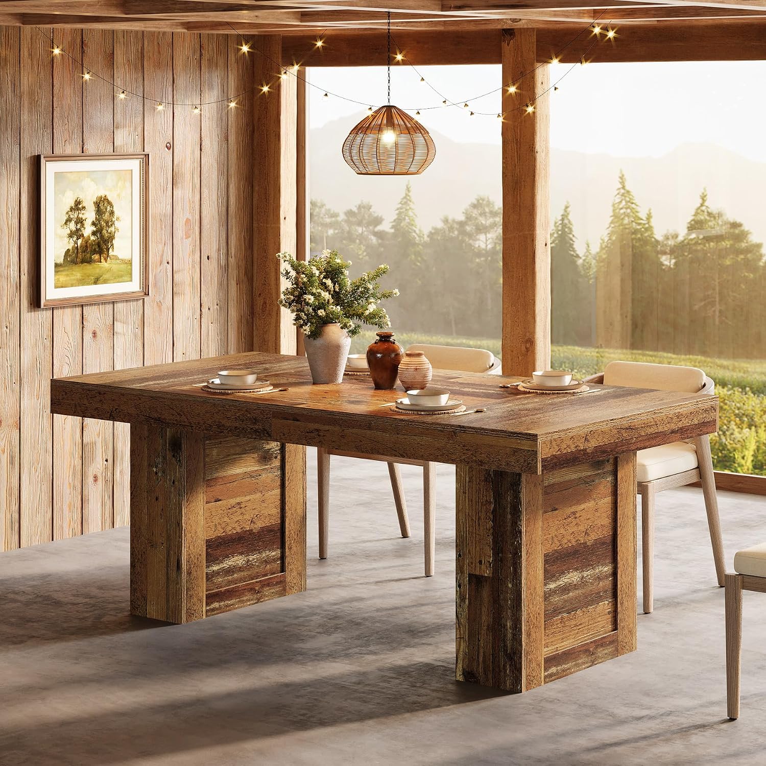 Tribesigns 63'' Farmhouse Dining Table for 6, Rectangle Wooden Kitchen Table with Heavy-Duty Legs, Rustic Large Dining Room Furniture for Family Meals, Banquets & Dinner Parties, Distressd Brown
