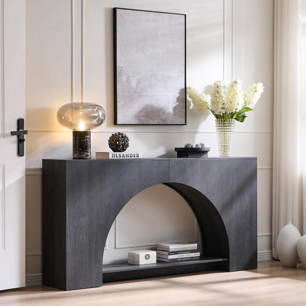 IFGET 63' Arched Console Table, 2-Tier Modern Entryway Table with Arched Base, Narrow Long Wood Sofa Table Behind Couch Table for Living Room, Hallway, Foyer, Dark Grey