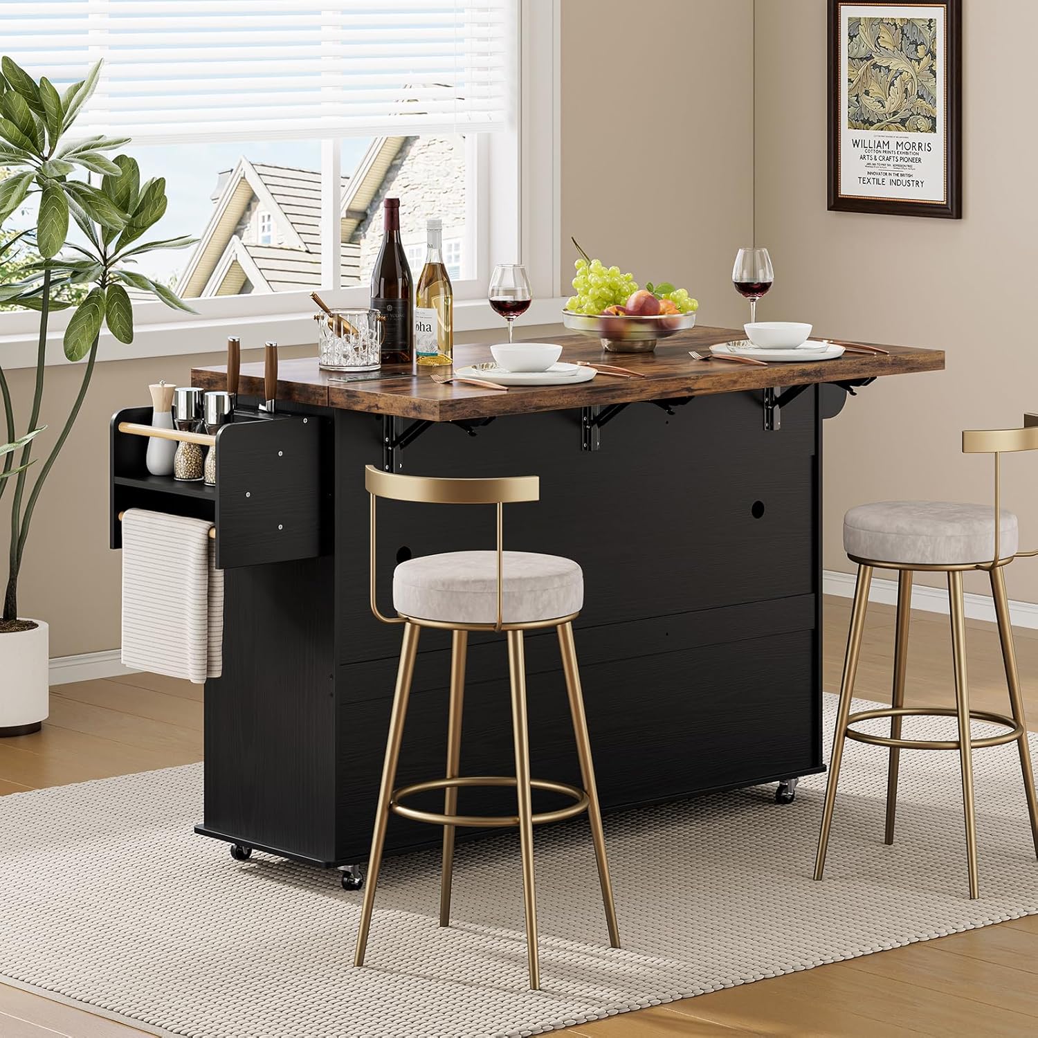 60' Kitchen Island with Power Outlet & Drop Leaf, Kitchen Rolling Island with Spice Rack & Towel Rack, Knife Holder, Kitchen Island Cart with Trash Storage Cabinet, Mobile Island Table for Kitchen