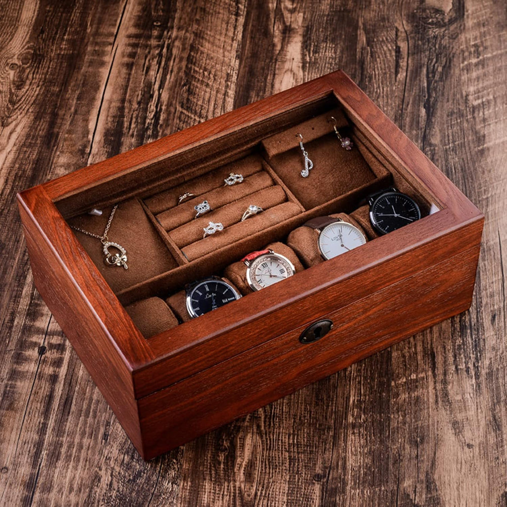 MARURY Wooden Watch Jewelry Box with Lock Vintage Glass Storage Box Double Layer Jewelry Storage Box Case Bracelet Necklace Ring Ornament Gift