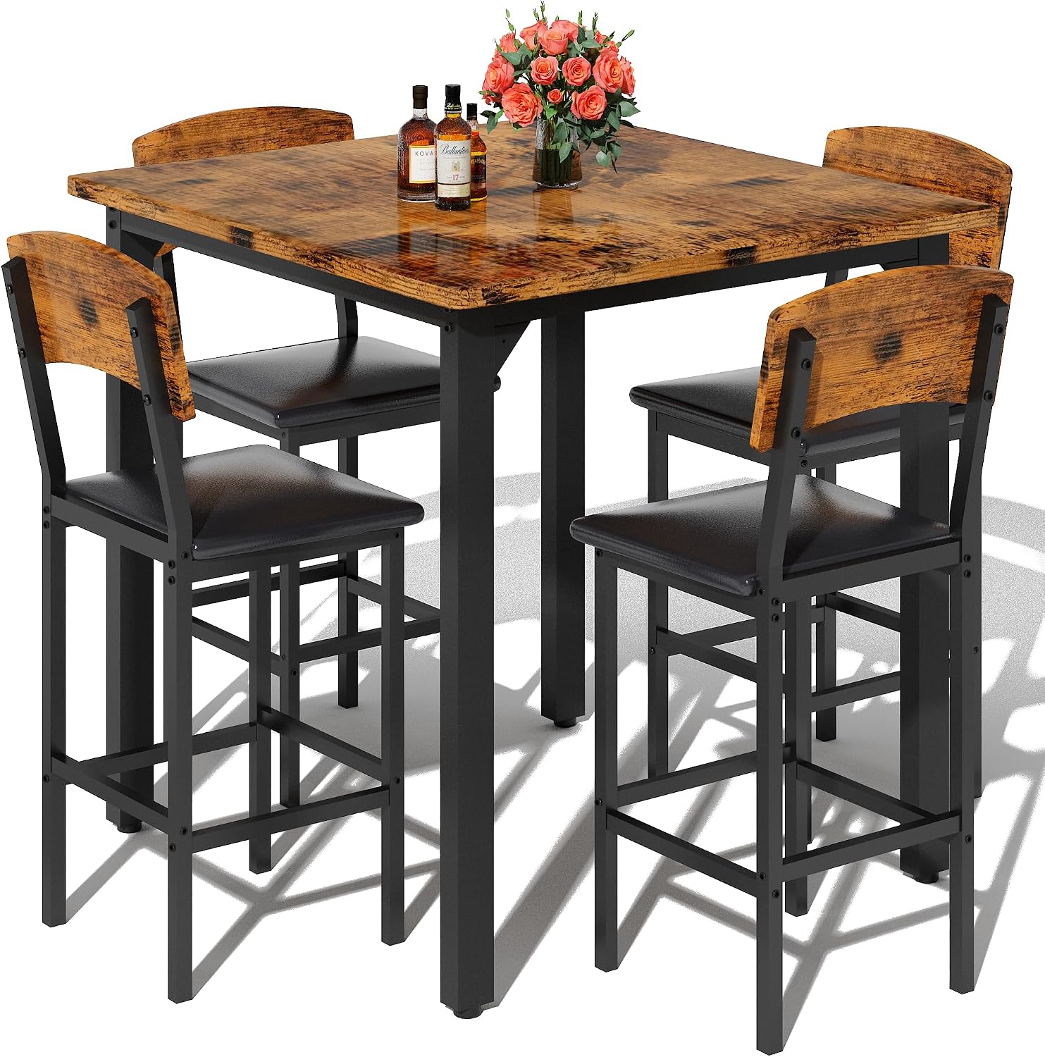 AWQM 5-Piece Dining Table Set, Dining Table Set for 4, Counter Height Table & 4 Bar Stools, Modern Kitchen Dining Set, with Upholstered Chairs, Compact Dining Set for Small Spaces (Walnut Color)