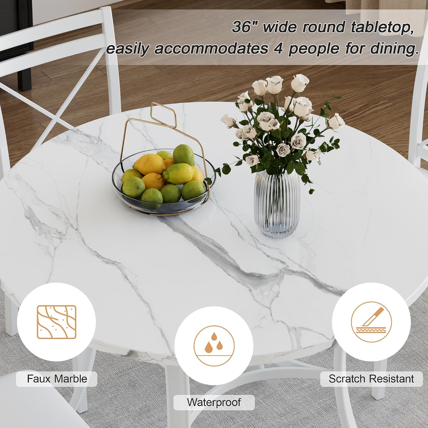 VECELO 5 Piece Dining Table Set for 4 with Chairs, Faux Marble Tabletop, Small Space, Kitchen, Breakfast Nook, White