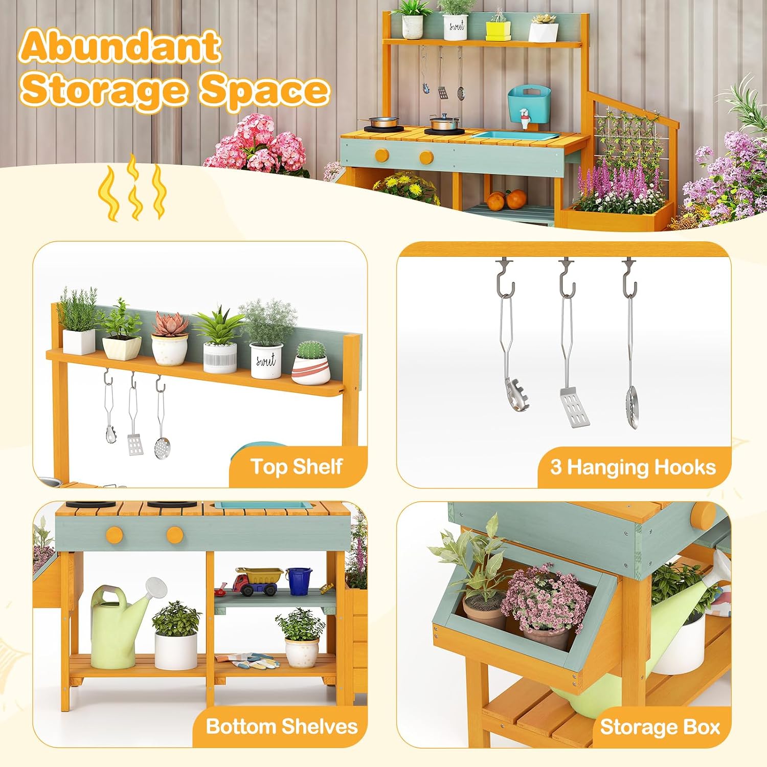 HONEY JOY Mud Kitchen, Cedar Wood Pretend Play Kitchen for Toddlers, Plant Growing Box & Trellis, Real Faucet w/Running Water, Sink, Accessories, Outdoor Kids Kitchen Playset for Garden Fun(Yellow)
