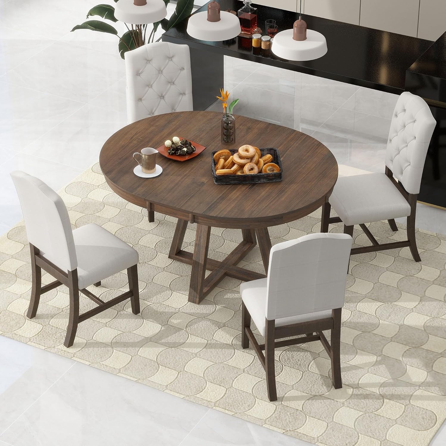 LUMISOL Round Dining Table Set for 4, Farmhouse Extendable Kitchen Table Set with 4 Upholstered Chairs, Solid Wood Table and Chairs Set for Kitchen, Dining Room, Living Room, Beige+Walnut