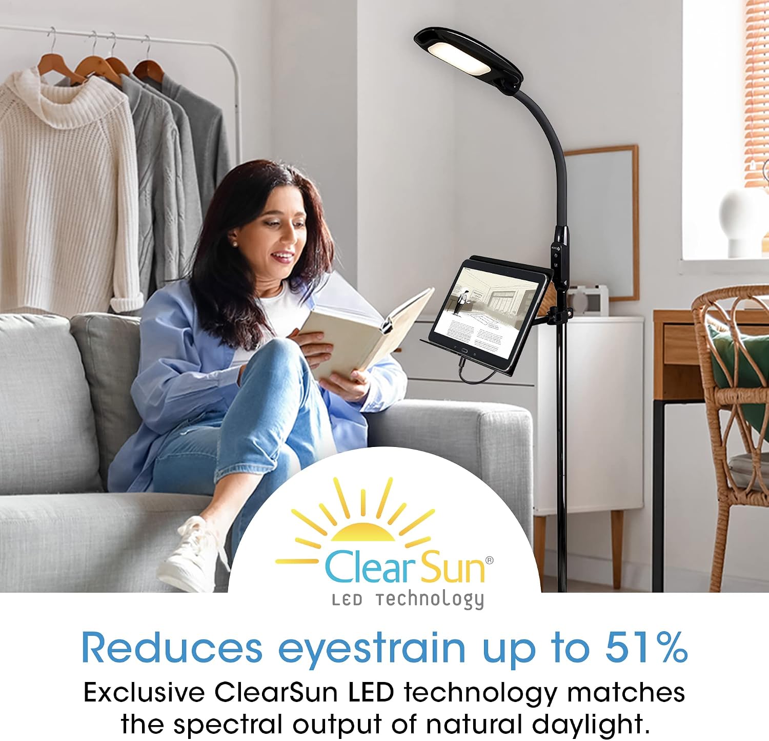 OttLite LED Floor Lamp with USB Charging Port & Tablet Stand - ClearSun LED Technology - 4 Brightness Settings & 3 Color Temperature Modes - Touch Activated Controls, for Home, Reading & Dorms