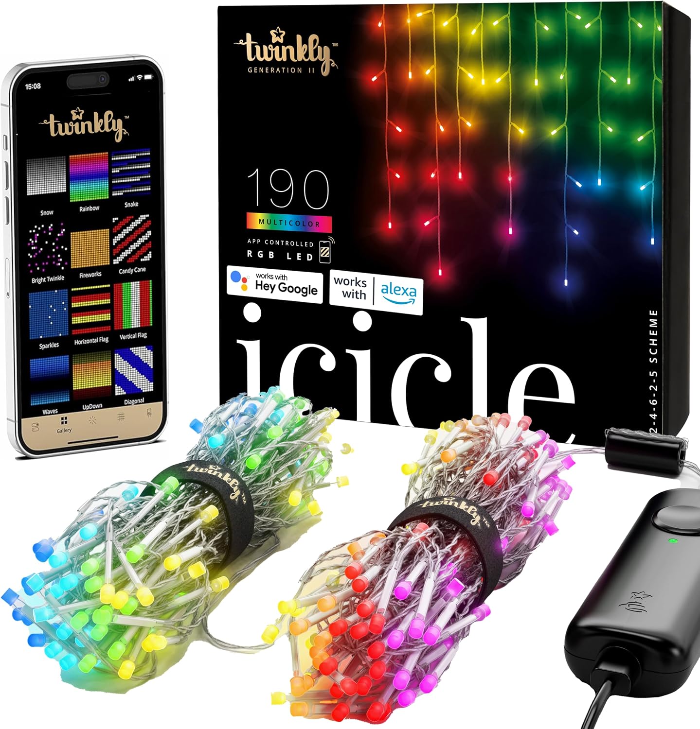Twinkly Icicle App-Controlled LED Christmas Lights with 190 RGB (16 Million Colors) LEDs. Clear Wire. Indoor and Outdoor Smart Lighting Decoration