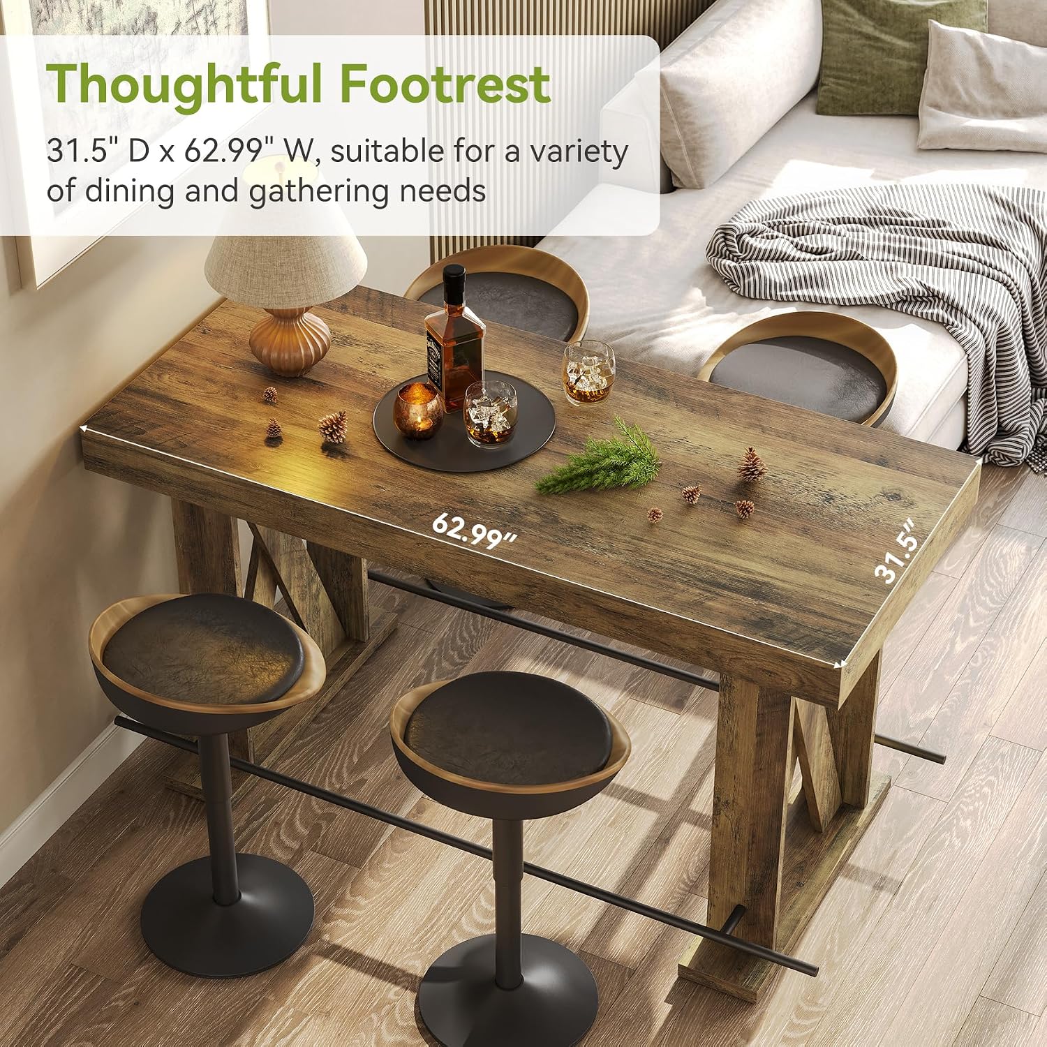 LITTLE TREE 63-Inch Industrial Bar Table with Metal Footrest, Kitchen Pub Table with Sturdy and Heavy Duty X-Base, for Dining Room, Living Room, Home Bar (Mocha, 2)