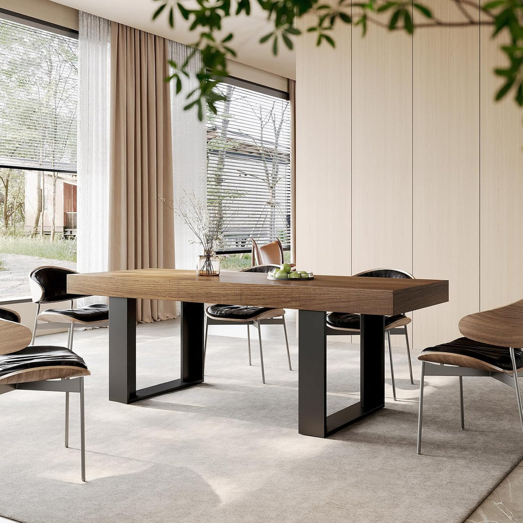 STHOUYN Farmhouse Rustic Extendable Dining Room Table for 8 10, 70.9' (86.6') x 31.5', Rectangular Dinner Table for 6-10, Mid Century Modern Expandable Retractable Wooden Kitchen Table (Brown)