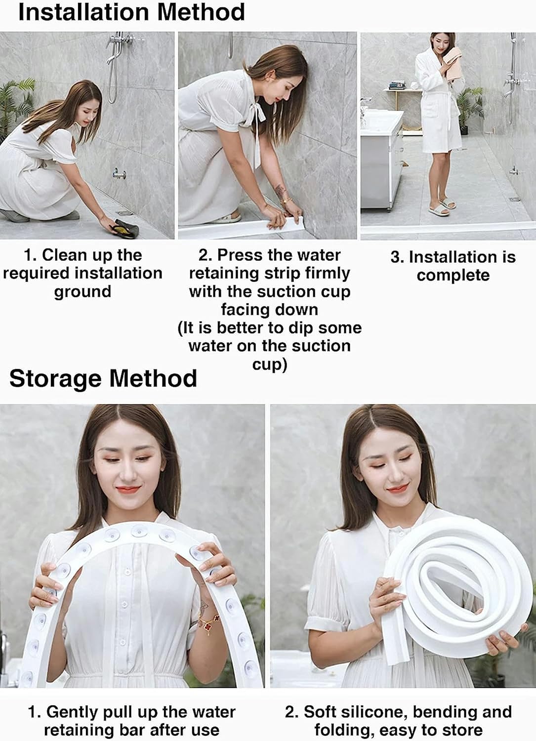 Silicone Water Barriers Floor Partition Strips Shower Door Dam, Collapsible Shower Threshold Water Dam Barrier, Bathroom Kitchen Water Stopper for Wet and Dry Separation