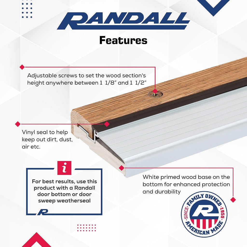Randall Manufacturing Co., Inc Oak & Aluminum Adjustable Threshold 3 5/8' Wide Adjustable from 1 1/8' to 1 1/2' High (72' Long Silver)