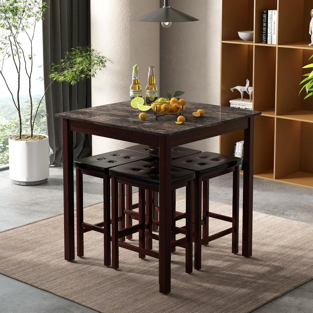 Giantex Dining Table Set for 4, Kitchen Table Chairs Set of 4, Counter Height Dining Table Set with 4 Bar Stools, Space-Saving Dinette Table Set for Small Place, Breakfast Nook Table Set (Brown)