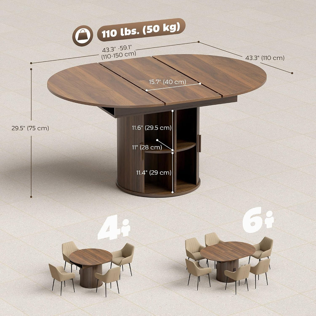 HOMCOM 43.3' to 59' Extendable Round Dining Table for 4-6, Farmhouse Transformer Dining Room Table with Removable Leaves, Circle Kitchen Table with Sliding Doors, Kitchen, Living Room, Walnut