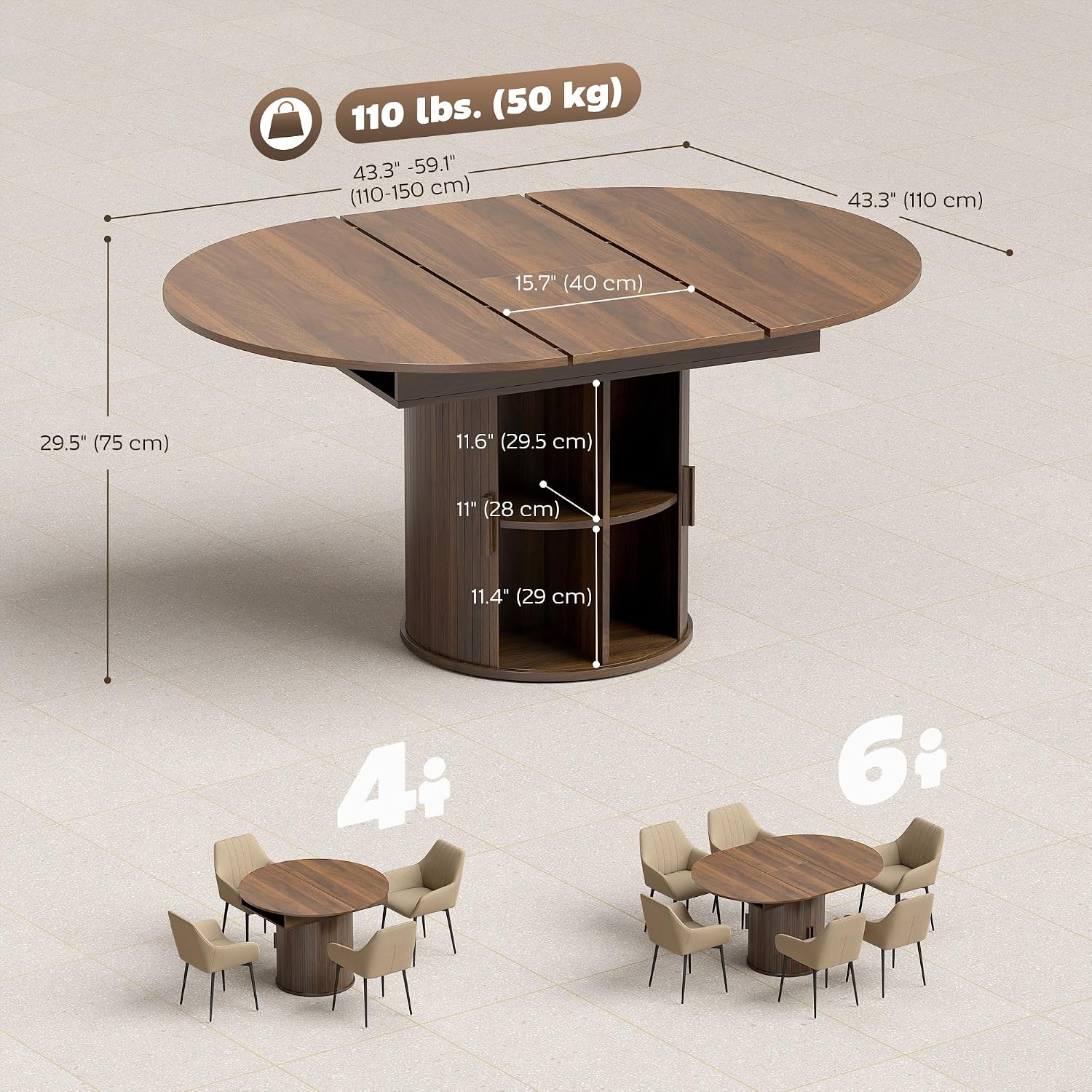 HOMCOM 43.3' to 59' Extendable Round Dining Table for 4-6, Farmhouse Transformer Dining Room Table with Removable Leaves, Circle Kitchen Table with Sliding Doors, Kitchen, Living Room, Walnut