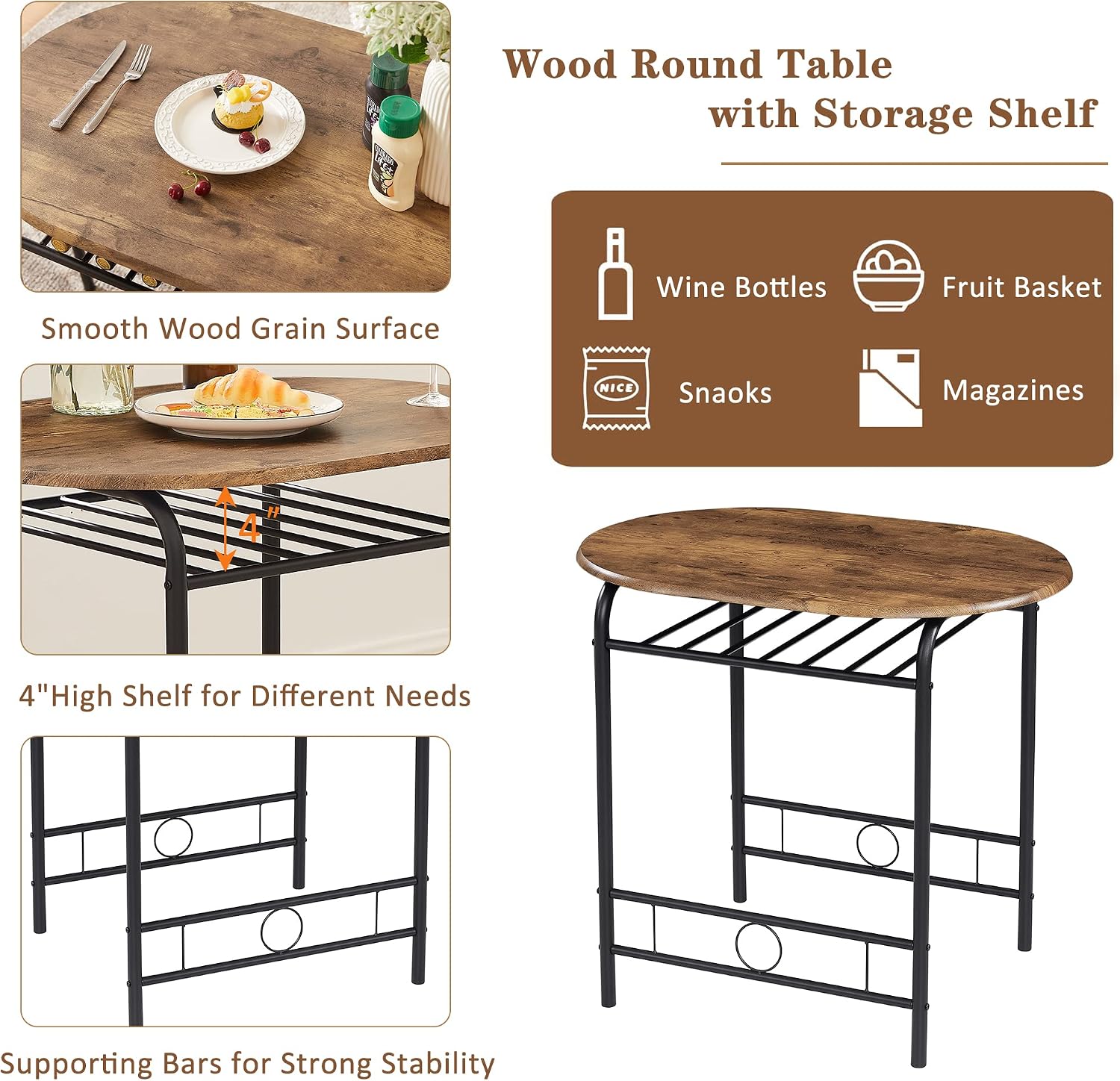 VECELO 3 Piece Small Round Dining Table Set for Kitchen Breakfast Nook, Wood Grain Tabletop with Wine Storage Rack, Save Space, Antique & Black