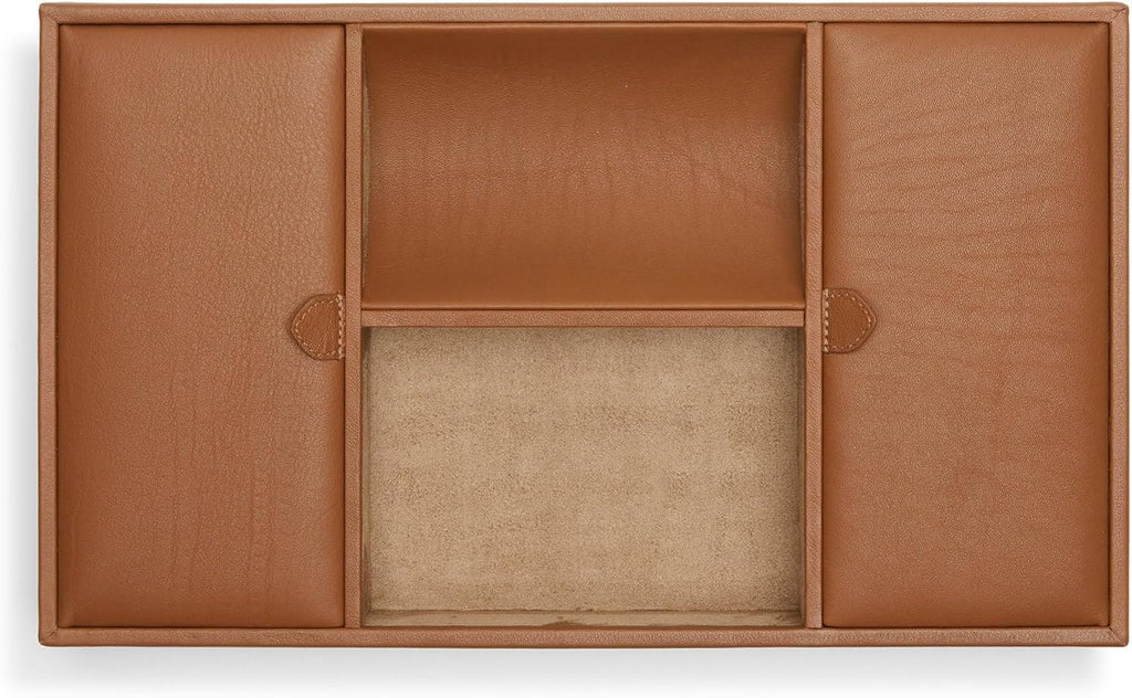 Leatherology Cognac Deluxe Valet Tray – Jewelry & Watch Organizer with Covered and Open Compartments, Microsuede Lining – Elegant Catchall for Bedroom, Closet or Bathroom