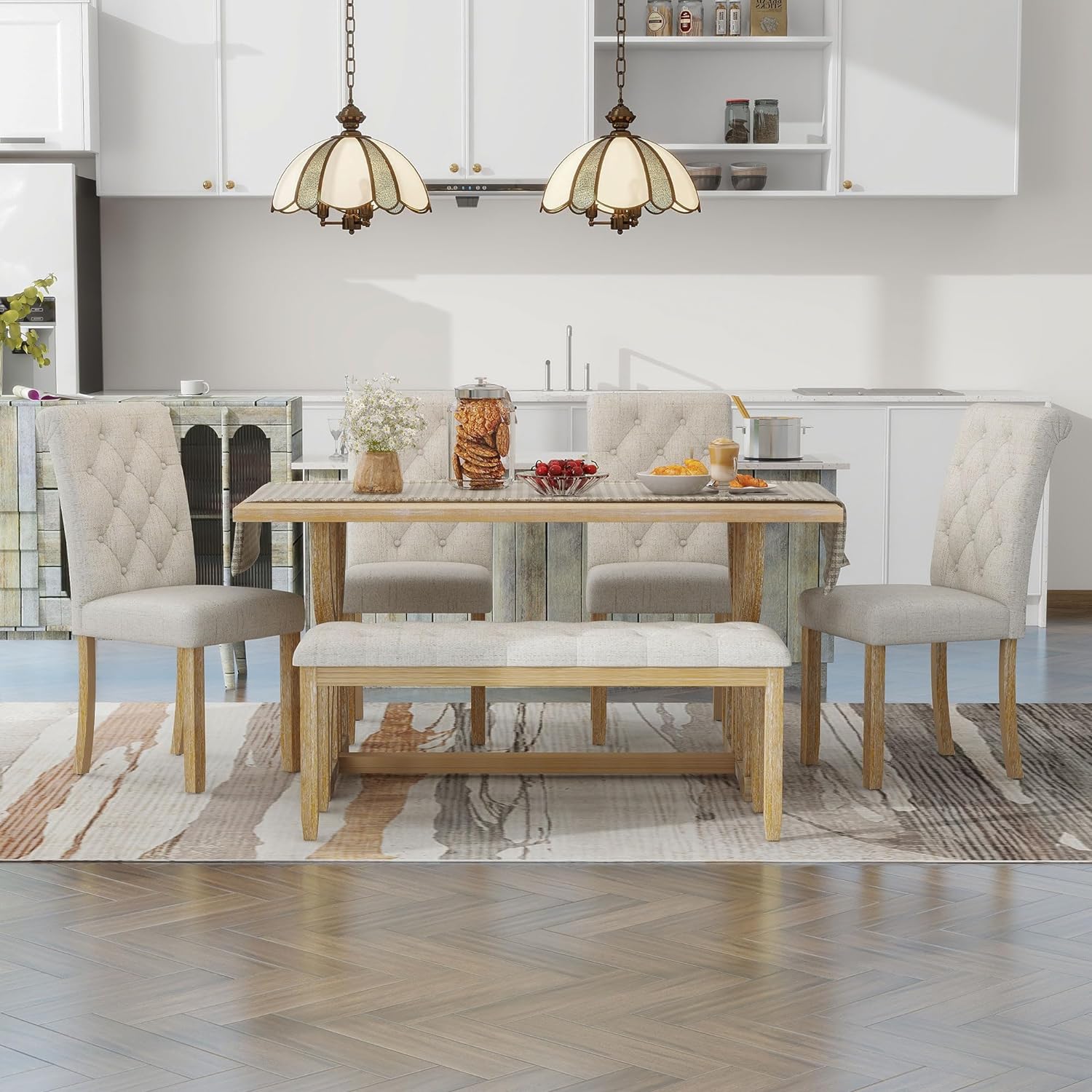 Merax 6-Piece Solid Wood Dining Table Set for 6, Rectangular Kitchen Room Table Set with 1 Bench and 5 Upholstered Chairs for Dining Room & Kitchen, Natural Wood Wash