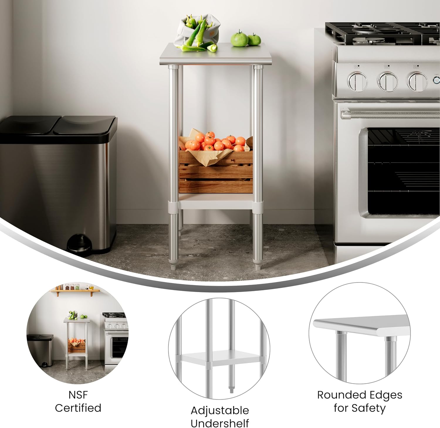 Flash Furniture Reese NSF Certified Stainless Steel Kitchen Prep and Work Table, Commercial Work Table with Storage, 18' W x 24' D x 34.5' H, Silver
