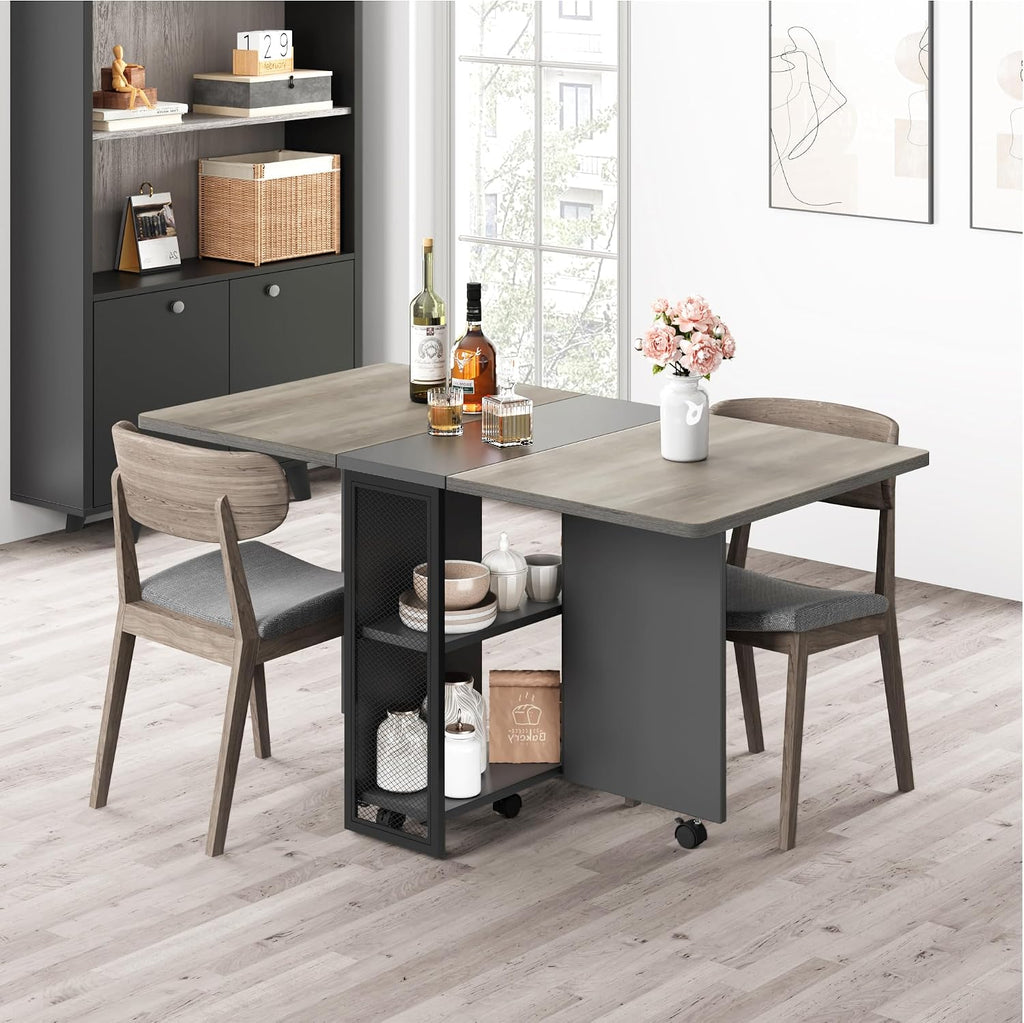 GarveeHome Folding Dining Table, Space Saving Farmhouse Dining Table for 4 Storage Shelf, 6 Wheels Multipose Expandable Kitchen Drop Leaf Table for Small Spac