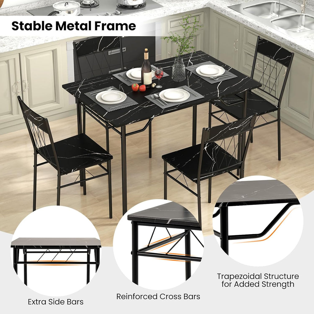 Giantex Dining Table Set for 4, 5-Piece Breakfast Nook with Kitchen Table, 4 Dining Chairs, Metal Frame, Space-Saving Dinette Table Set for 4, Small Place, Kitchen Table Chairs Set of 4 (Marble Black)