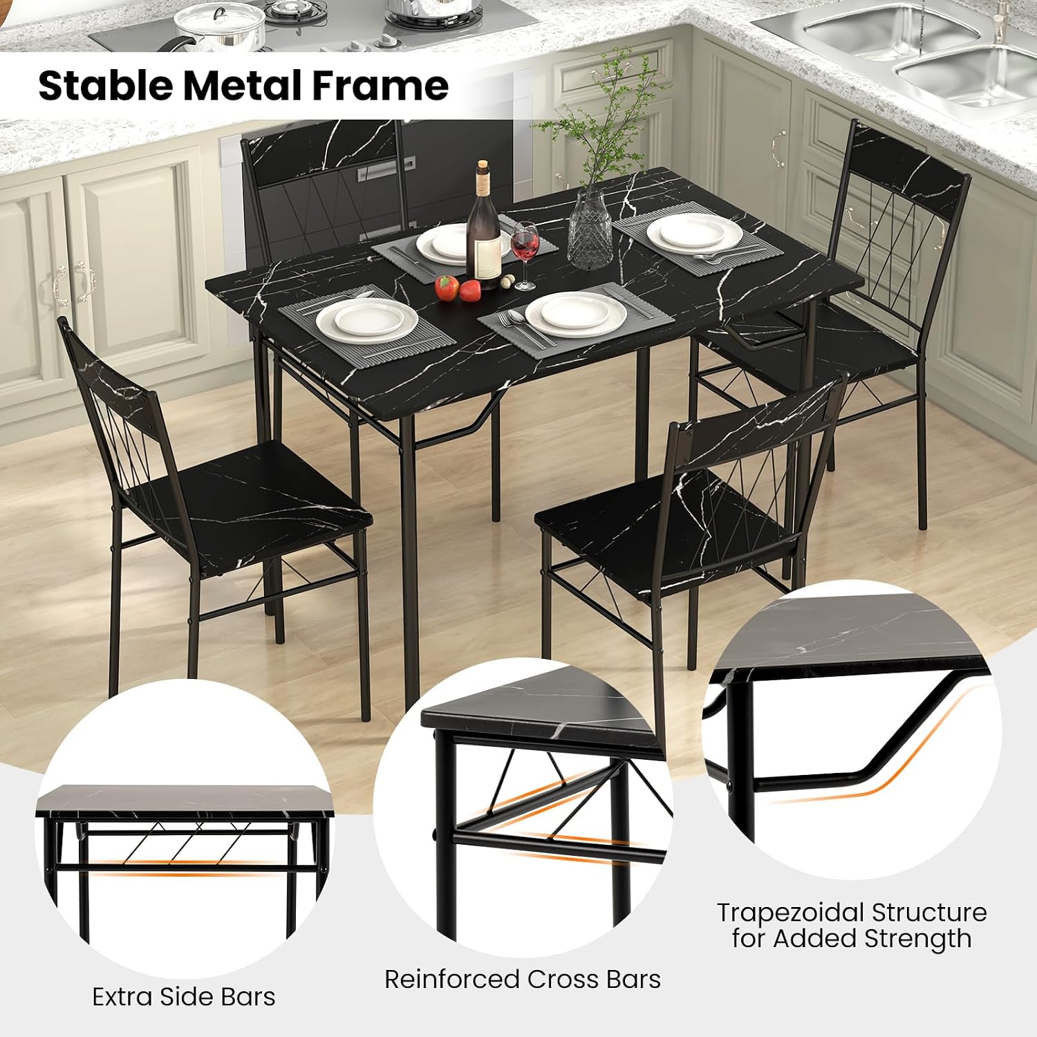 Giantex Dining Table Set for 4, 5-Piece Breakfast Nook with Kitchen Table, 4 Dining Chairs, Metal Frame, Space-Saving Dinette Table Set for 4, Small Place, Kitchen Table Chairs Set of 4 (Marble Black)
