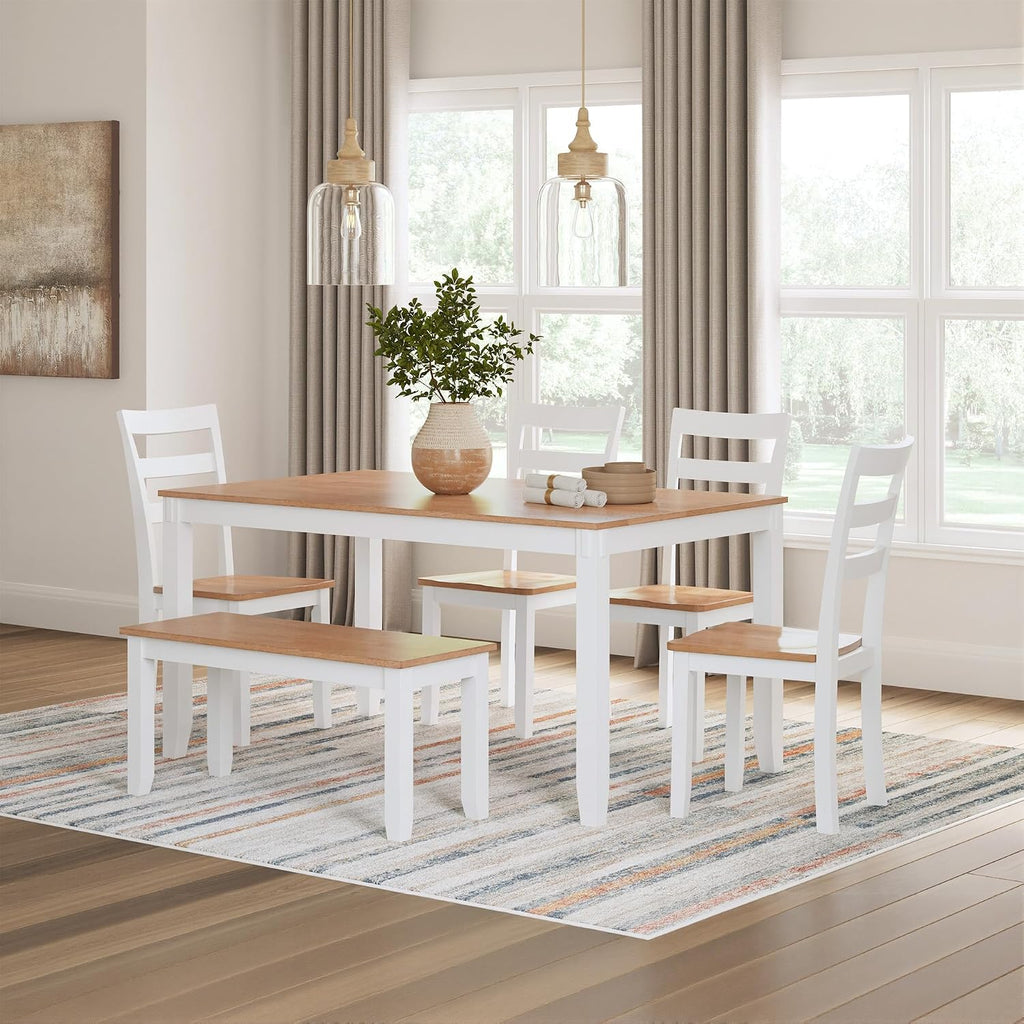 Signature Design by Ashley Gesthaven Casual Modern Dining Room Table Set with 4 Chairs and Bench, Set of 6, Mango Wood, 30.25' Table Height, White & Light Brown