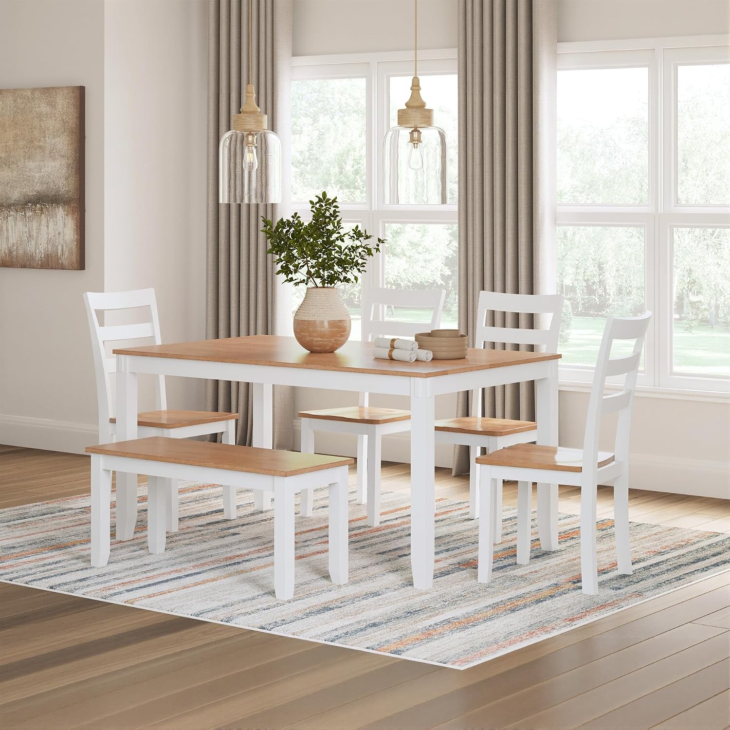 Signature Design by Ashley Gesthaven Casual Modern Dining Room Table Set with 4 Chairs and Bench, Set of 6, Mango Wood, 30.25' Table Height, White & Light Brown