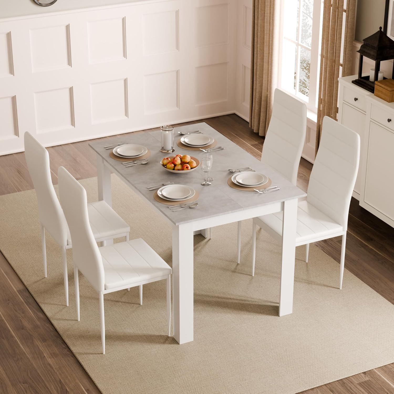 Mondeer Dining Table Set for 4, Kitchen Table Chairs with High Back Faux Leather, Space-Saving Dining Room and Home Office Set, 47.2 x 35.4 x 29.5'' (Grey Table and White Chairs)