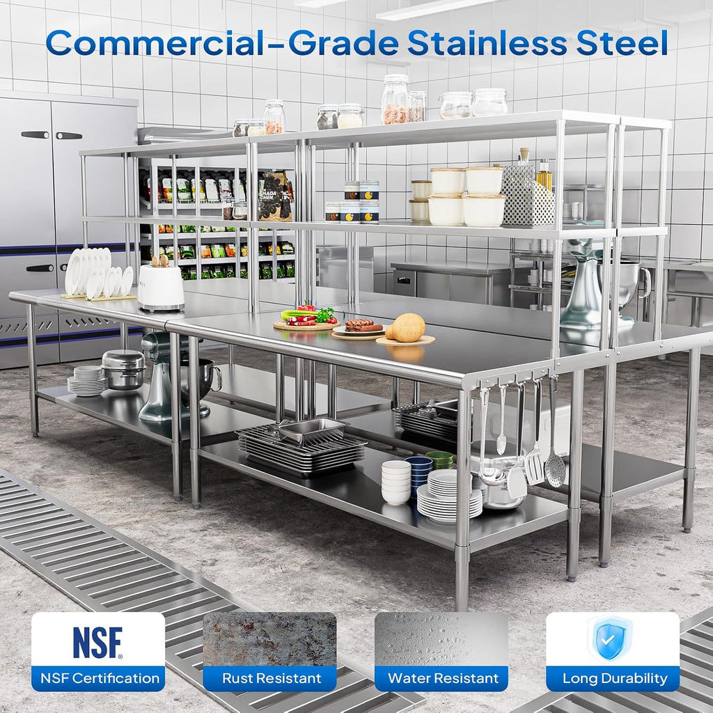 ROVSUN Stainless Steel Table with Overshelves 72' X 30', NSF Commercial Heavy Duty with Adjustable Undershelf & Detachable Hooks, Metal Prep Table for Kitchen, Restaurant, Home, Hotel