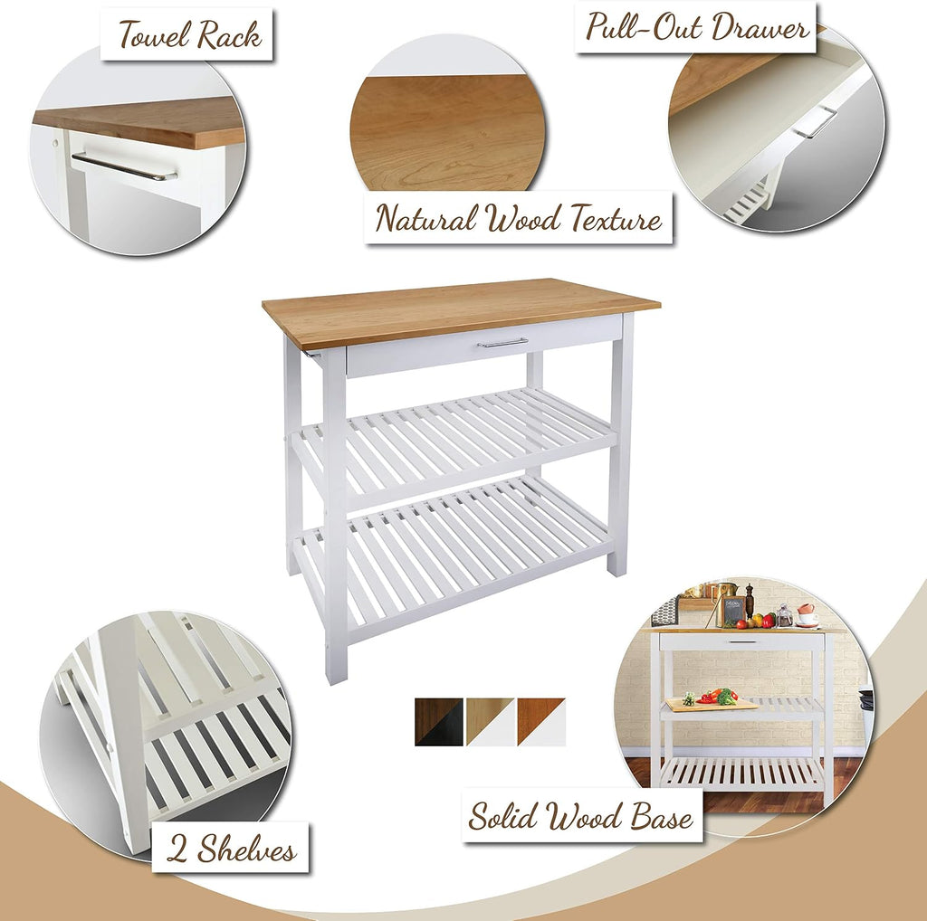 Kitchen Island with Solid Wood Top, White & Cherry Natural