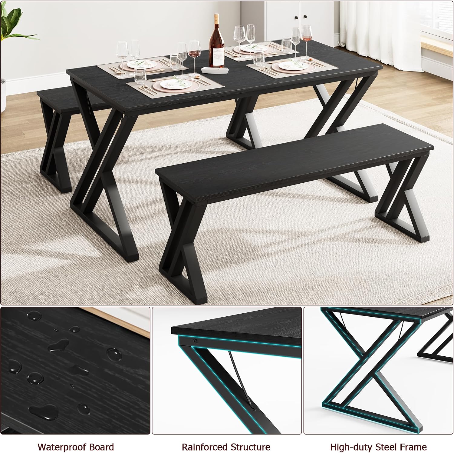 GarveeHome 55' Kitchen Table with 2 Benches, Dining Table Set for 4, Saving Space Dining Room Table Set for Kitchen, Dining Room, Apartment, Sturdy Metal Frame, Black