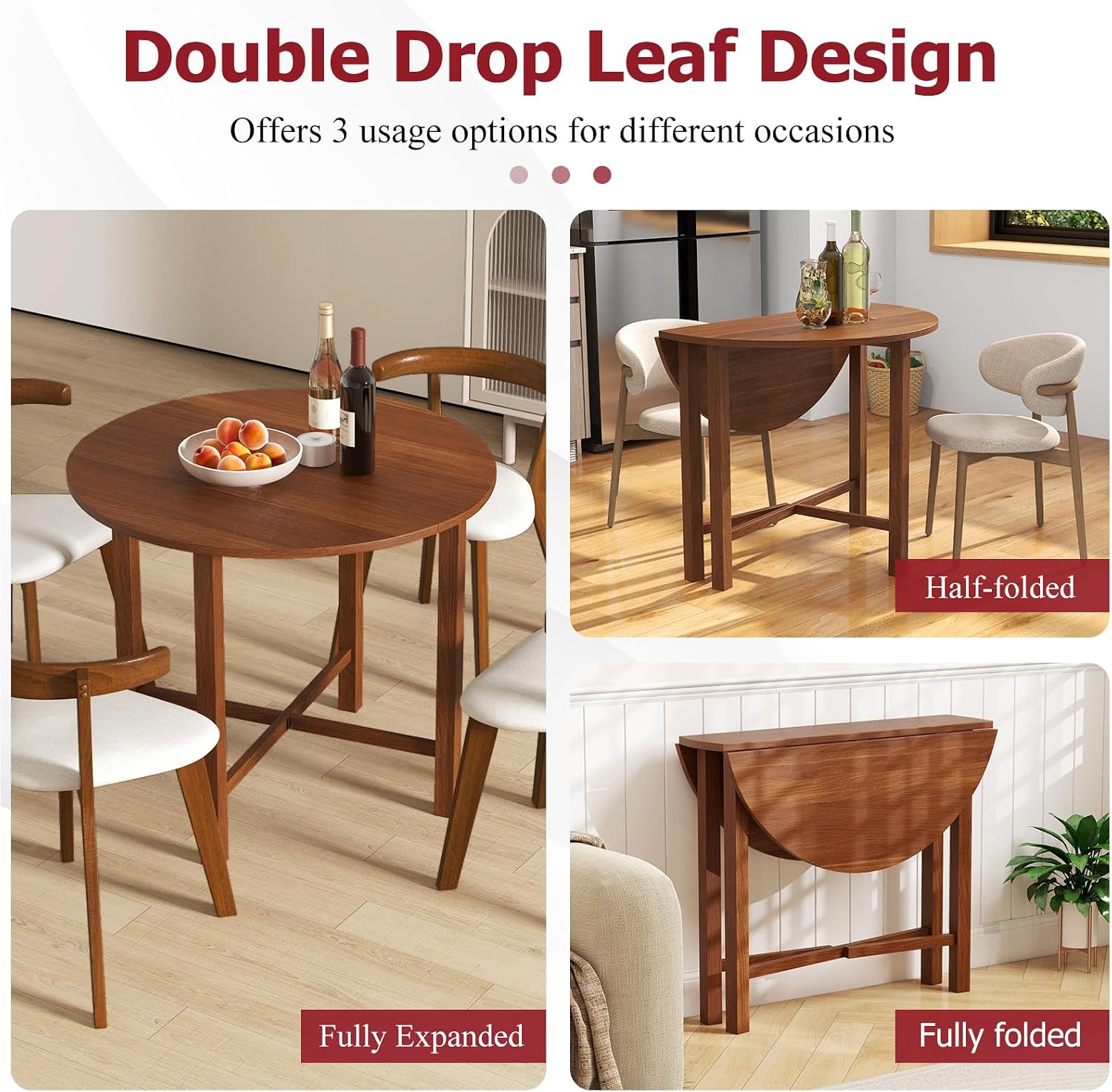 Tangkula 36' Foldable Round Dining Table, Kitchen Table w/Solid Rubber Wood Legs, Dual Drop Leaf Design, Farmhouse Circle Diner Table for 2-4 People, Dining Room, Living Room, Restaurant (Round)