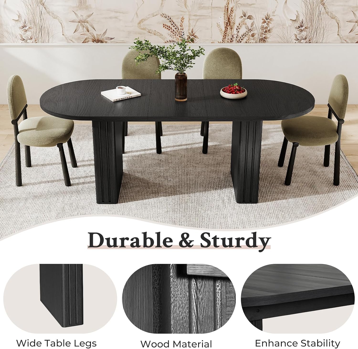 Zevemomo 62.99'-78.74' Oval Expandable Dining Table, Extendable Dining Room Table for 4-8 People with Wooden Strip Base, Modern Kitchen Table with Slide Metal Track, for Family Living Room-Black