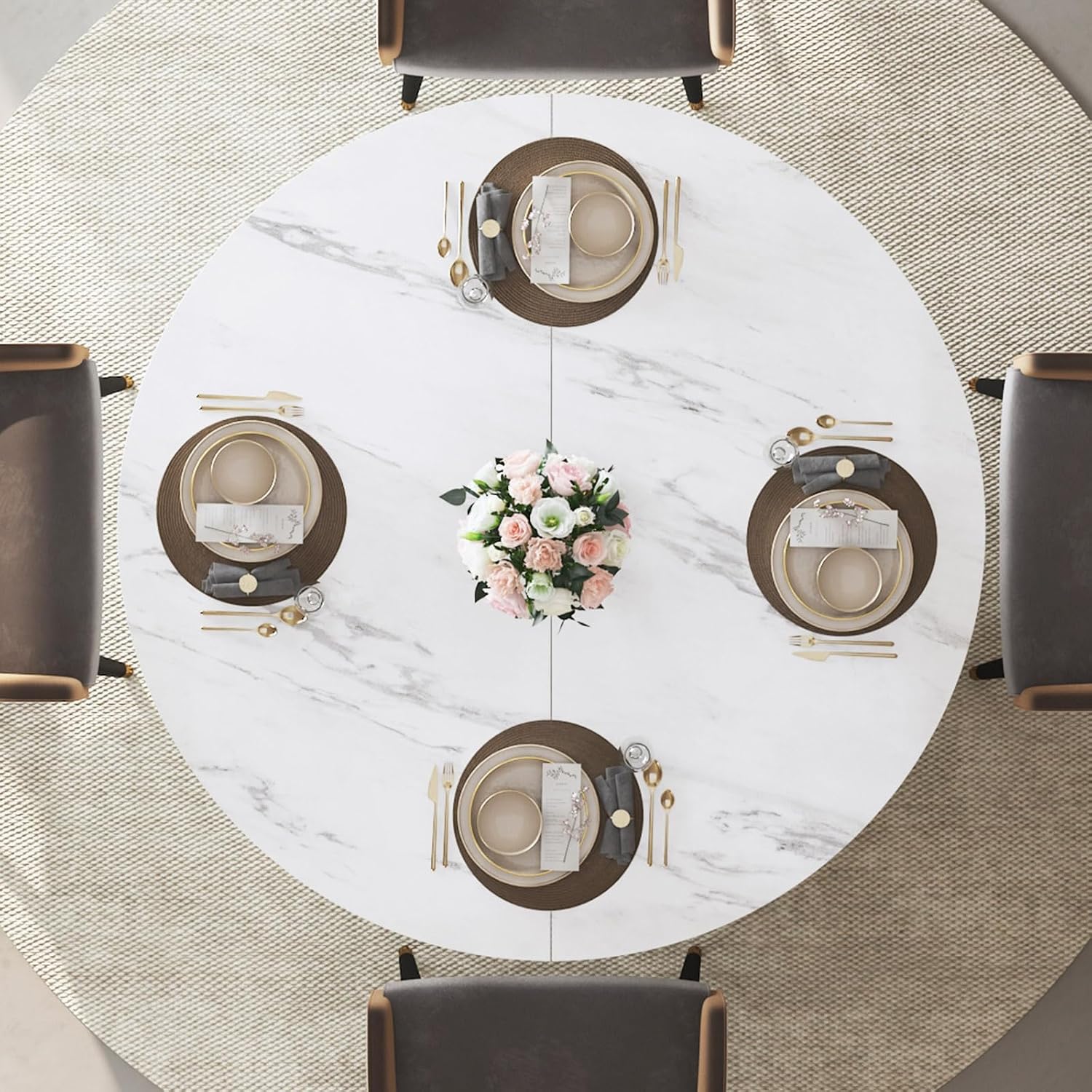IBF 47' Round Dining Table with Storage, White Faux Marble Kitchen Tables for 4-6 People, Modern Dining Room Table with Fridge Space, Wood Circle Dinner Tables for Home, White Marble, Only Table