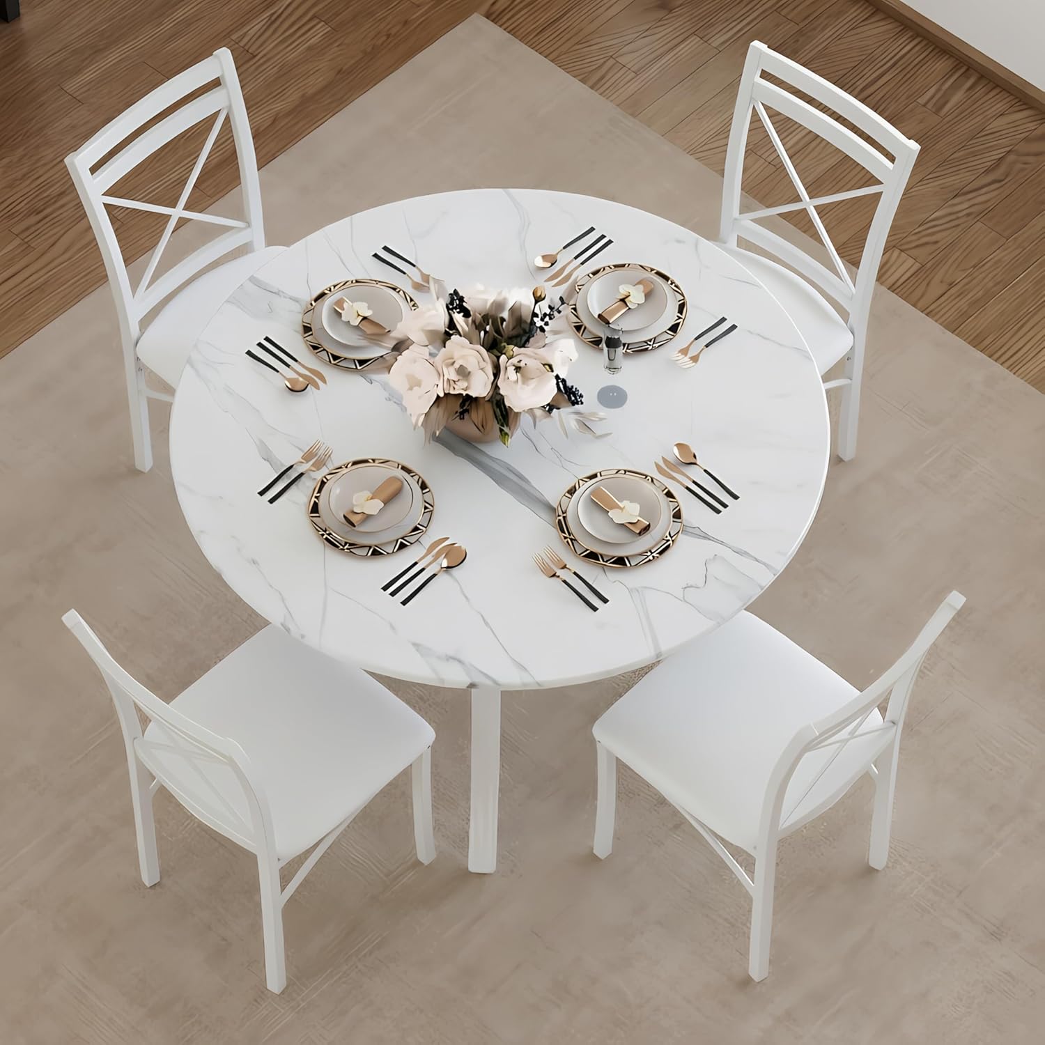 VECELO 5 Piece Dining Table Set for 4 with Chairs, Faux Marble Tabletop, Small Space, Kitchen, Breakfast Nook, White